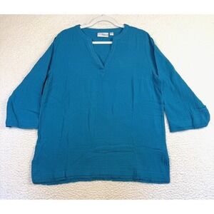 Belle Beach Kim Gravel Shirt Womens Medium Blue Gauze Cotton Tunic V Neck Errand